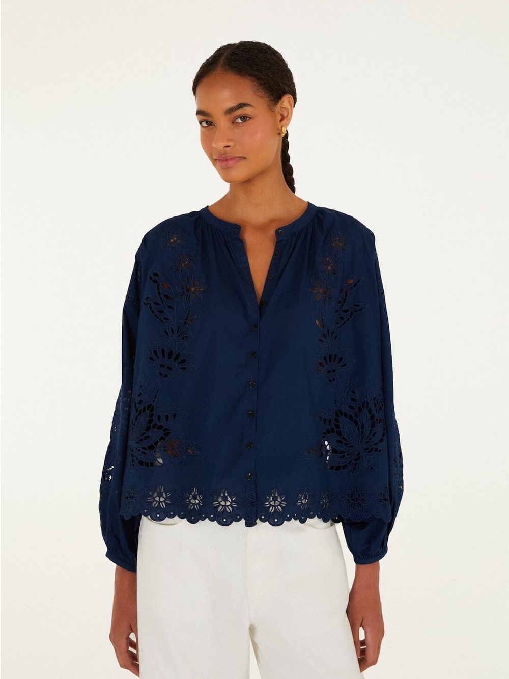 FARM RIO Artisanal Button Up Top in Navy L